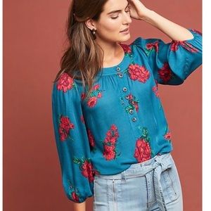 Teal Floral Button-Front Women's Blouse